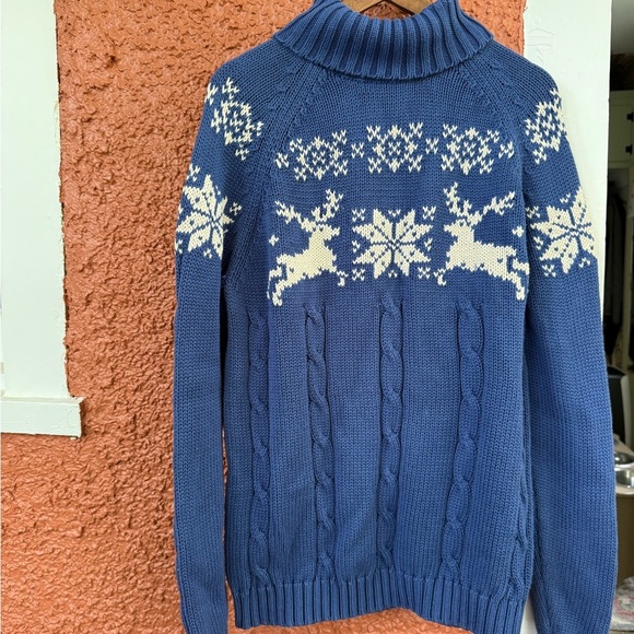 VTG Lands End Sweater Womens Large Reindeer Blue Turtle Neck Pullover Ladies - Picture 1 of 5